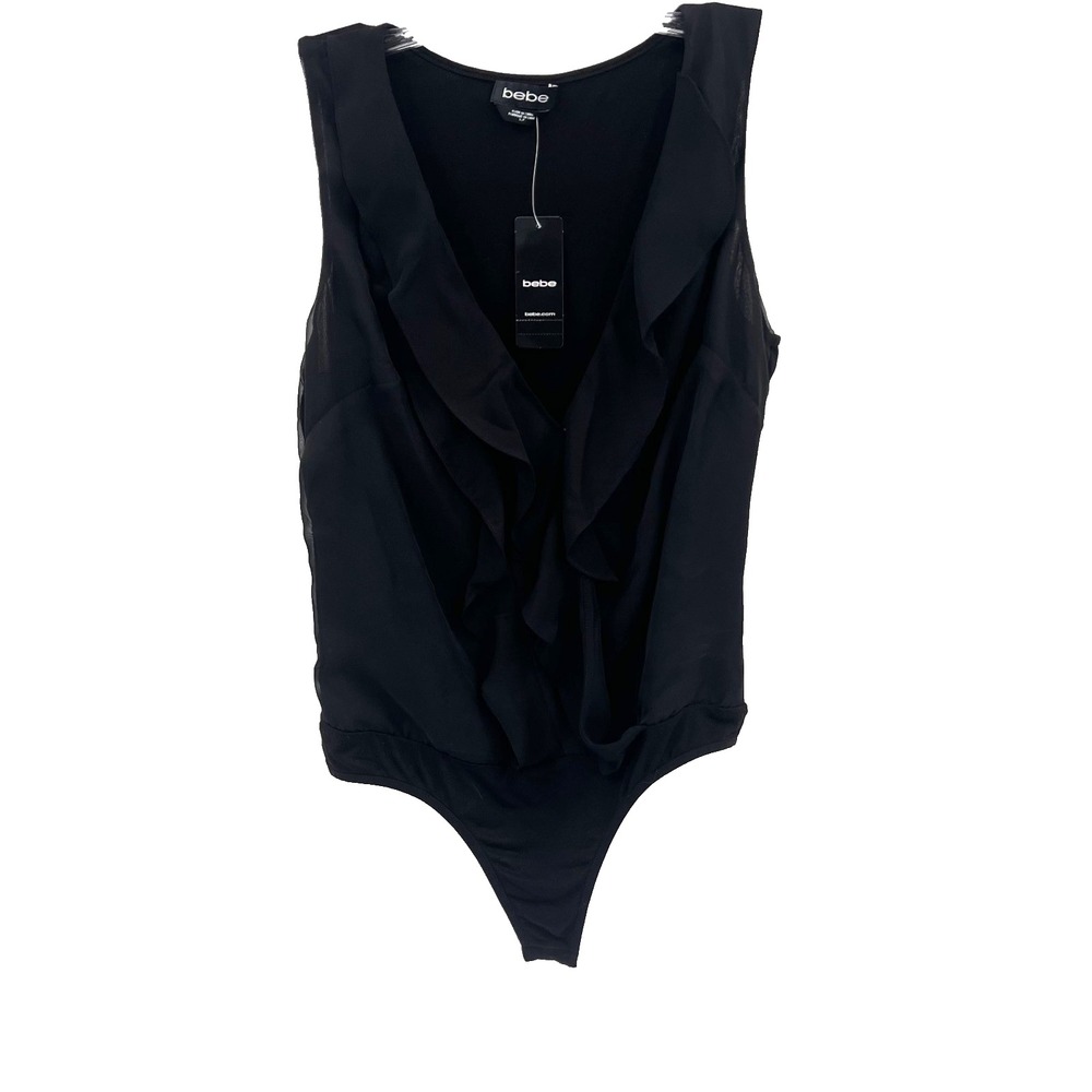 BEBE Women's Sz S NWT Black Ruffled Sleeveless V-Neck Lined Bodysuit Retail $74